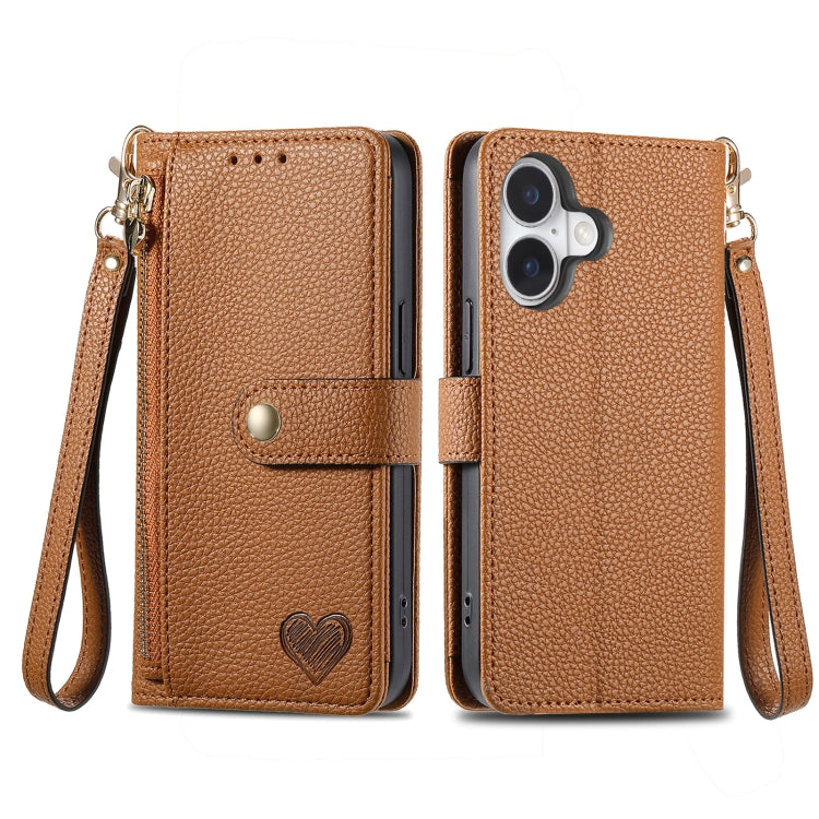 For iPhone 16 Pro Love Zipper Lanyard Leather Phone Case(Brown) - iPhone 16 Pro Cases by PMC Jewellery | Online Shopping South Africa | PMC Jewellery | Buy Now Pay Later Mobicred