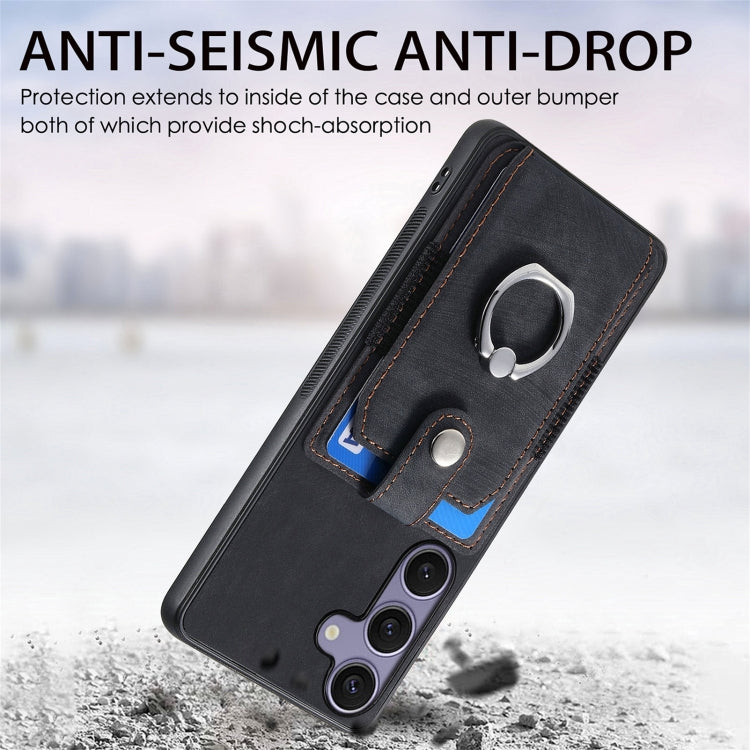 For Samsung Galaxy S25+ 5G Retro Skin-feel Ring Card Wallet Phone Case(Black) - Galaxy S25+ 5G Cases by PMC TechLife | Online Shopping South Africa | PMC TechLife | Buy Now Pay Later Mobicred