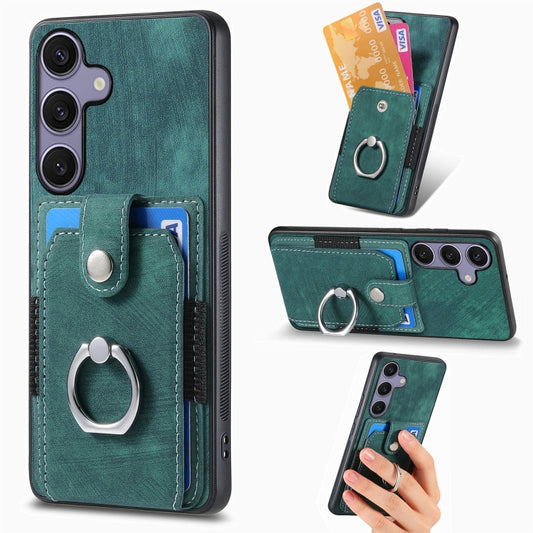 For Samsung Galaxy S25+ 5G Retro Skin-feel Ring Card Wallet Phone Case(Green) - Galaxy S25+ 5G Cases by PMC Jewellery | Online Shopping South Africa | PMC Jewellery | Buy Now Pay Later Mobicred