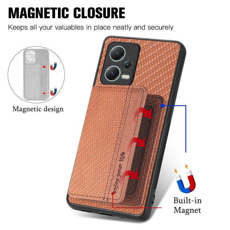 For Redmi Note 12 5G Carbon Fiber Magnetic Card Bag Phone Case(Brown) - Xiaomi Cases by PMC TechLife | Online Shopping South Africa | PMC TechLife | Buy Now Pay Later Mobicred
