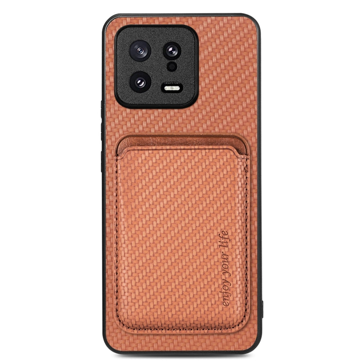 For Xiaomi 13 Carbon Fiber Leather Card Magsafe Phone Case(Brown) - 13 Cases by PMC TechLife | Online Shopping South Africa | PMC TechLife