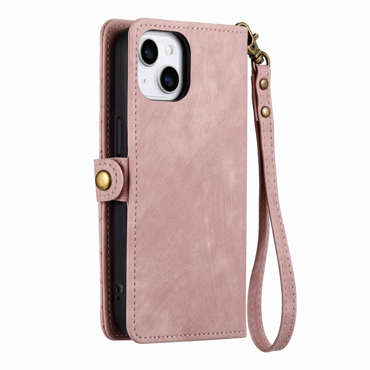 For iPhone 14 Plus Geometric Zipper Wallet Side Buckle Leather Phone Case(Pink) - free shipping - PMC TechLife - Order now!