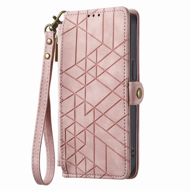 For iPhone 13 Geometric Zipper Wallet Side Buckle Leather Phone Case(Pink) - free shipping - PMC TechLife - Order now!