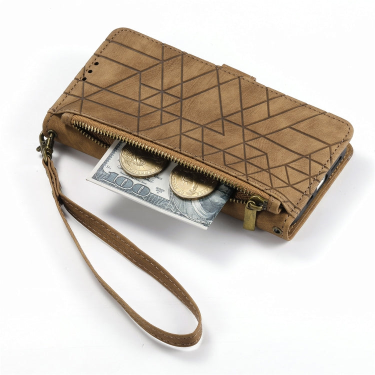 For iPhone 12 / 12 Pro Geometric Zipper Wallet Side Buckle Leather Phone Case(Brown) - free shipping - PMC TechLife - Order now!