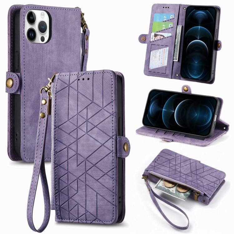 For iPhone 12 Pro Max Geometric Zipper Wallet Side Buckle Leather Phone Case(Purple) - free shipping - PMC TechLife - Order now!
