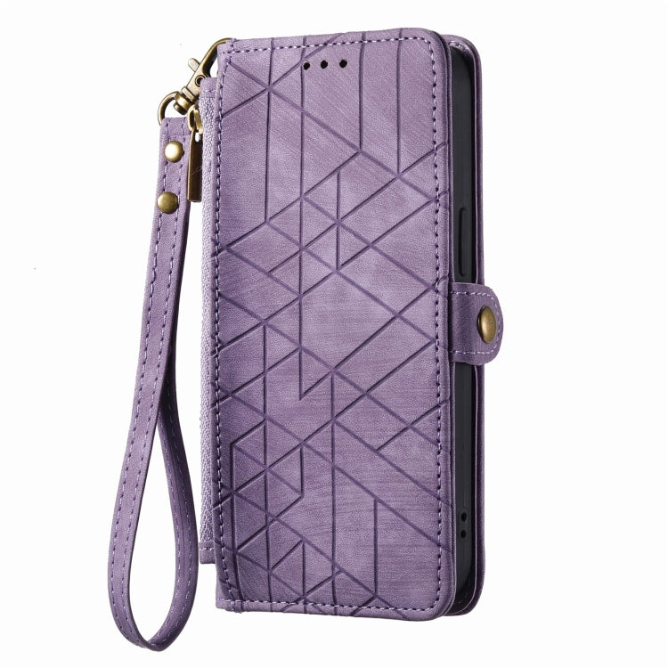 For iPhone 12 Pro Max Geometric Zipper Wallet Side Buckle Leather Phone Case(Purple) - free shipping - PMC TechLife - Order now!