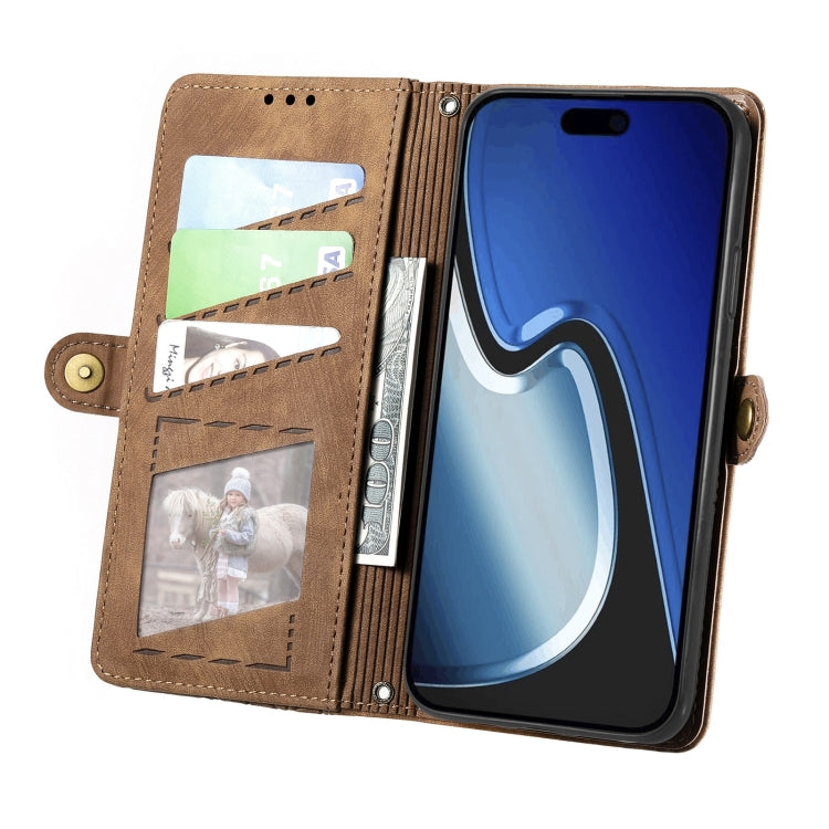 For iPhone 15 Plus Geometric Zipper Wallet Side Buckle Leather Phone Case(Brown) - free shipping - PMC TechLife - Order now!