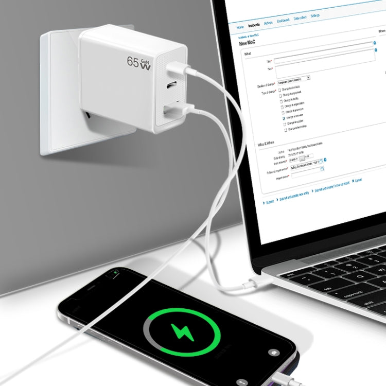 GaN PD65W Type-C x 2 + USB3.0 Charger with Type-C to Type-C Data Cable ,EU Plug(White) - USB Charger by PMC Jewellery | Online Shopping South Africa | PMC Jewellery | Buy Now Pay Later Mobicred