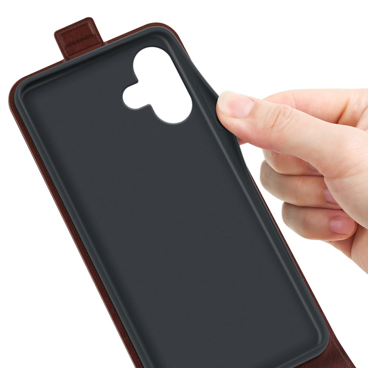 For iPhone 16 R64 Texture Single Vertical Flip Leather Phone Case(Brown) - iPhone 16 Cases by PMC TechLife | Online Shopping South Africa | PMC TechLife | Buy Now Pay Later Mobicred