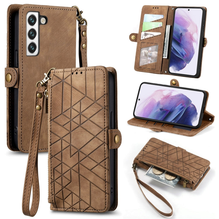 For Samsung Galaxy S23 5G Geometric Zipper Wallet Side Buckle Leather Phone Case(Brown) - free shipping - PMC TechLife - Order now!