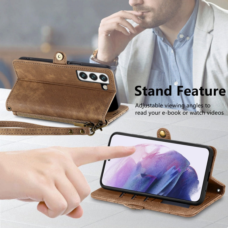 For Samsung Galaxy S21 5G Geometric Zipper Wallet Side Buckle Leather Phone Case(Brown) - free shipping - PMC TechLife - Order now!