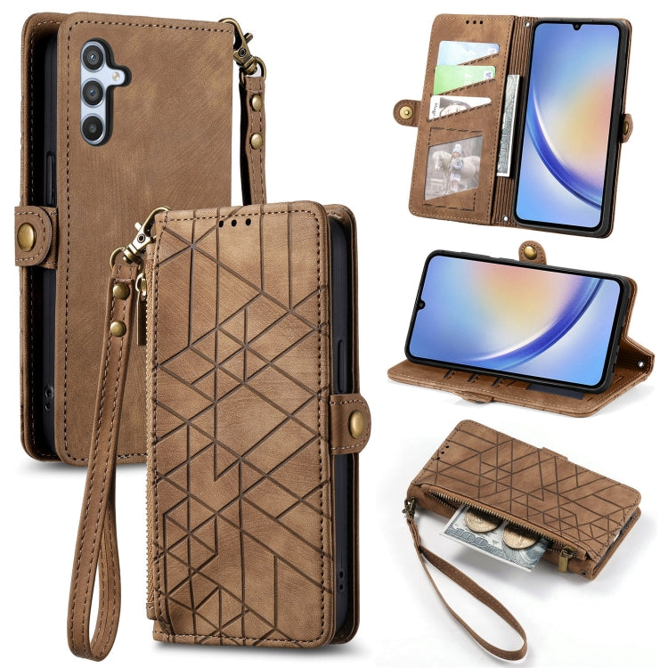 For Samsung Galaxy A30 Geometric Zipper Wallet Side Buckle Leather Phone Case(Brown) - free shipping - PMC TechLife - Order now!