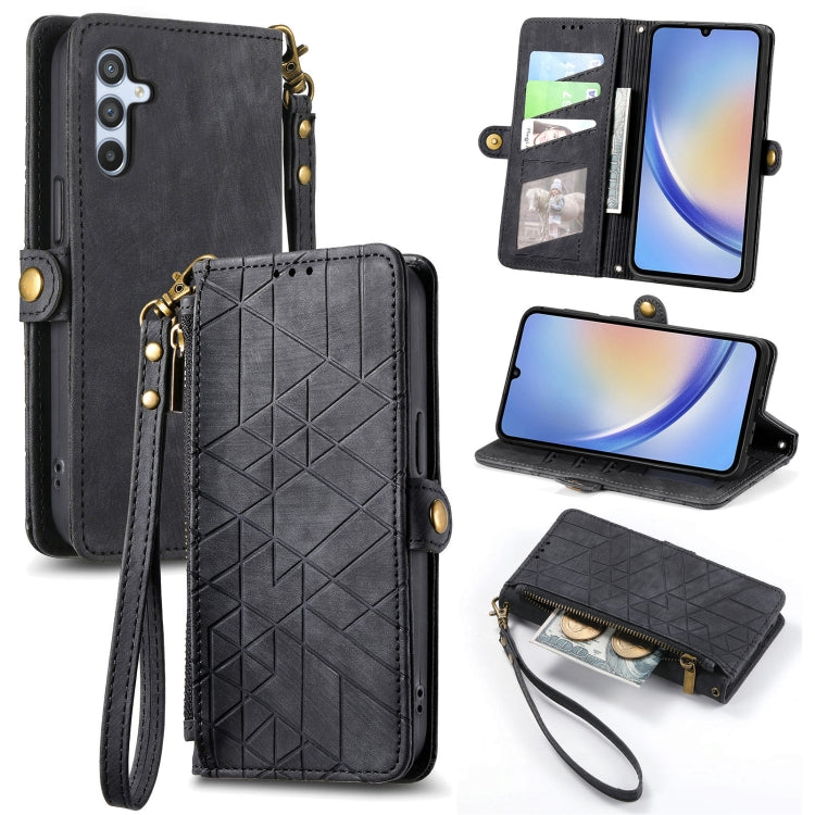 For Samsung Galaxy A70S Geometric Zipper Wallet Side Buckle Leather Phone Case(Black) - free shipping - PMC TechLife - Order now!