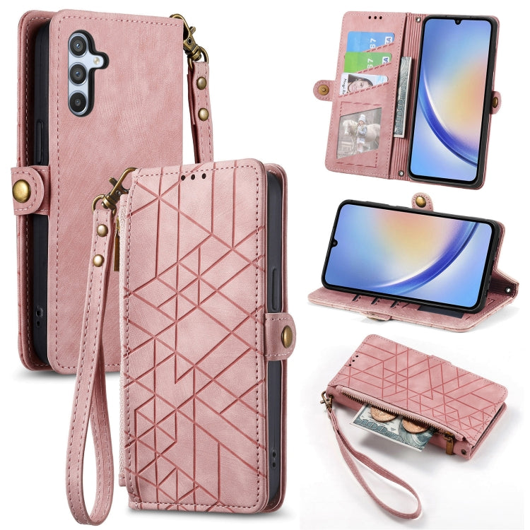For Samsung Galaxy A12 Geometric Zipper Wallet Side Buckle Leather Phone Case(Pink) - free shipping - PMC TechLife - Order now!