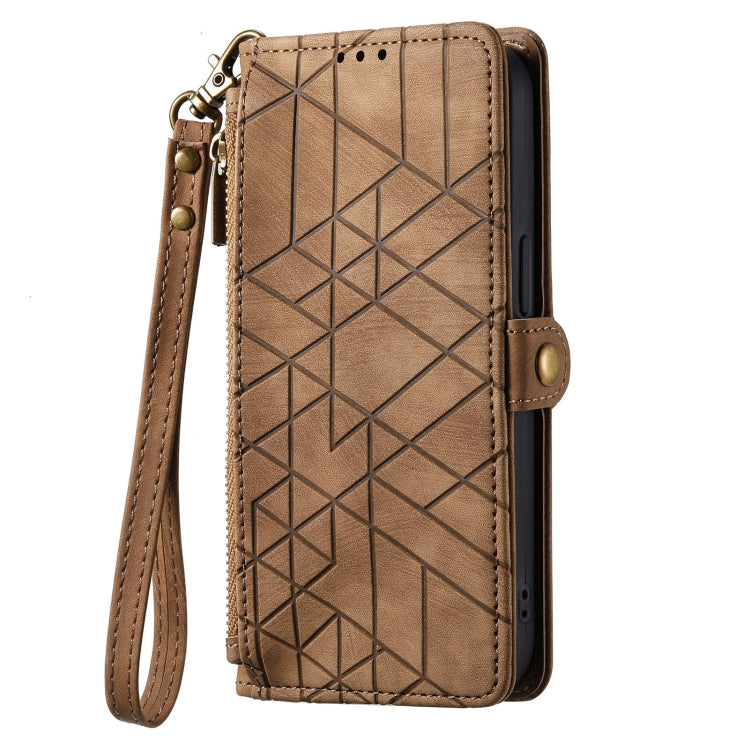 For Samsung Galaxy A21S Geometric Zipper Wallet Side Buckle Leather Phone Case(Brown) - free shipping - PMC TechLife - Order now!