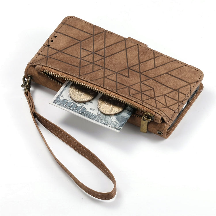 For Samsung Galaxy A21S Geometric Zipper Wallet Side Buckle Leather Phone Case(Brown) - free shipping - PMC TechLife - Order now!