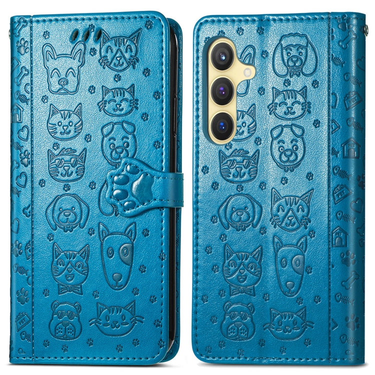 For Samsung Galaxy S25 5G Cat and Dog Embossed Leather Phone Case(Blue) - Galaxy S25 5G Cases by PMC Jewellery | Online Shopping South Africa | PMC Jewellery | Buy Now Pay Later Mobicred