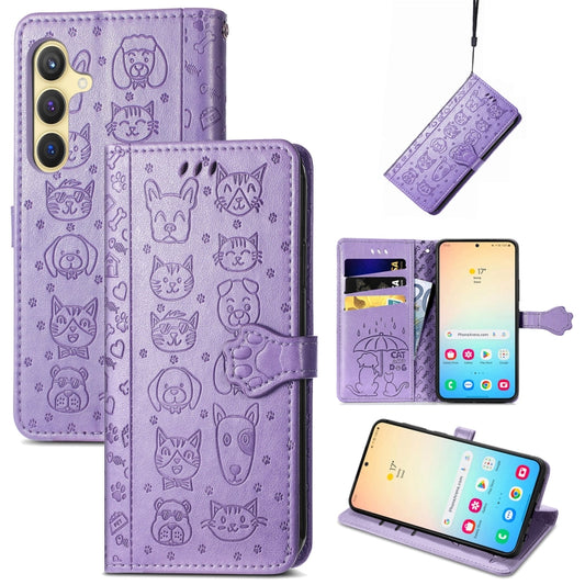 For Samsung Galaxy S25+ 5G Cat and Dog Embossed Leather Phone Case(Purple) - Galaxy S25+ 5G Cases by PMC Jewellery | Online Shopping South Africa | PMC Jewellery | Buy Now Pay Later Mobicred