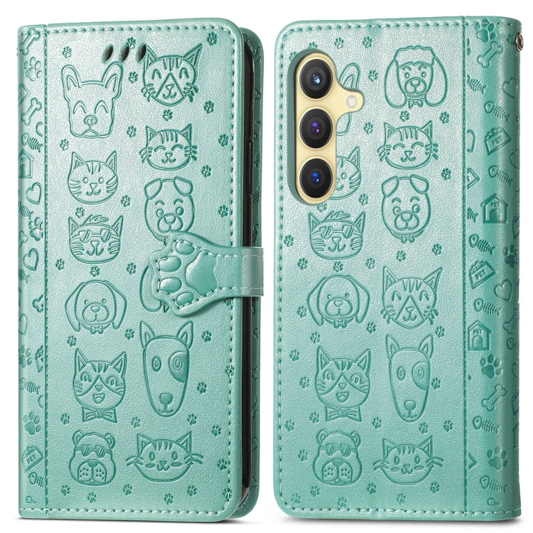 For Samsung Galaxy S25+ 5G Cat and Dog Embossed Leather Phone Case(Green) - Galaxy S25+ 5G Cases by PMC Jewellery | Online Shopping South Africa | PMC Jewellery | Buy Now Pay Later Mobicred