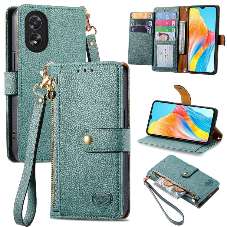 For OPPO A38 Love Zipper Lanyard Leather Phone Case(Green) - A38 Cases by PMC Jewellery | Online Shopping South Africa | PMC Jewellery | Buy Now Pay Later Mobicred