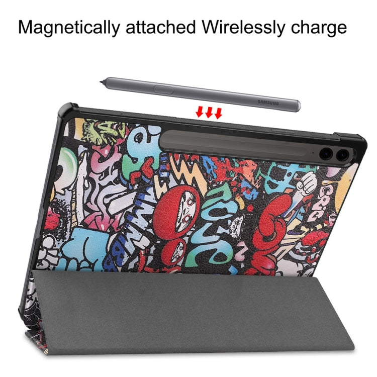 For Samsung Galaxy Tab S9 FE+ 12.4 JUNSUNMAY Custer Painted 3-Fold Stand Leather Smart Tablet Case(Graffiti) - Galaxy Tab S9 FE+ by JUNSUNMAY | Online Shopping South Africa | PMC Jewellery | Buy Now Pay Later Mobicred