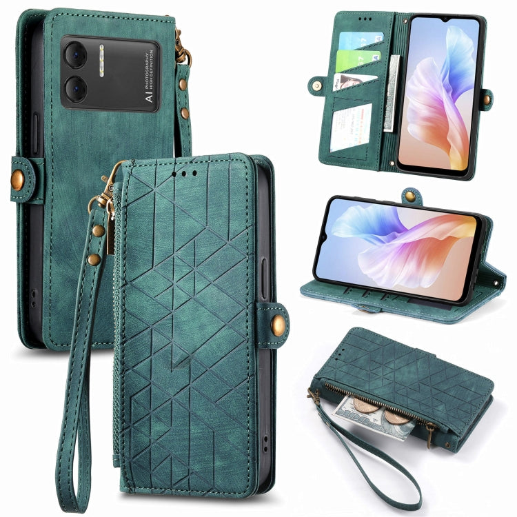 For DOOGEE X98 Pro / X98 Geometric Zipper Wallet Side Buckle Leather Phone Case(Green) - Doogee Cases by PMC TechLife | Online Shopping South Africa | PMC TechLife | Buy Now Pay Later Mobicred
