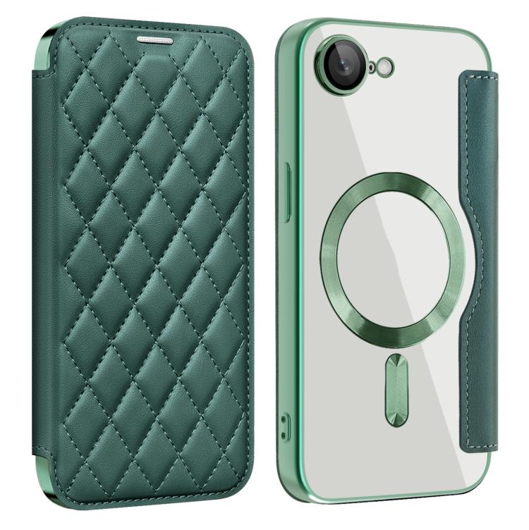 For iPhone 16e Shield Magsafe RFID Anti-theft Rhombus Leather Phone Case(Green) - iPhone 16e Cases by PMC TechLife | Online Shopping South Africa | PMC TechLife | Buy Now Pay Later Mobicred