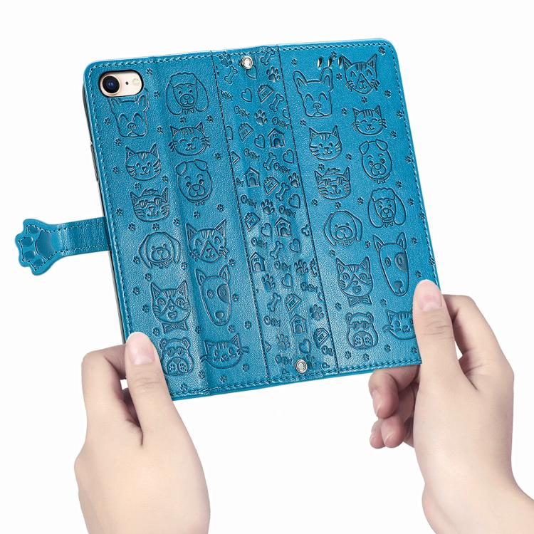 For iPhone 16e Cat and Dog Embossed Leather Phone Case(Blue) - iPhone 16e Cases by PMC TechLife | Online Shopping South Africa | PMC TechLife | Buy Now Pay Later Mobicred