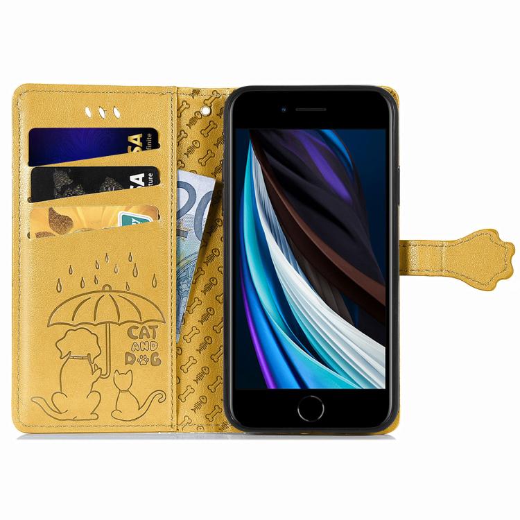 For iPhone 16e Cat and Dog Embossed Leather Phone Case(Yellow) - free shipping - PMC TechLife - Order now!