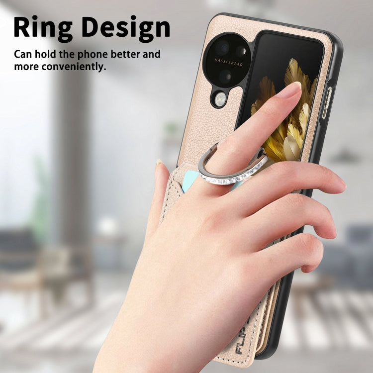 For OPPO Find N3 Flip Litchi PU Ring Holder Wallet Phone Case(Khaki) - Find N3 Flip Cases by PMC TechLife | Online Shopping South Africa | PMC TechLife