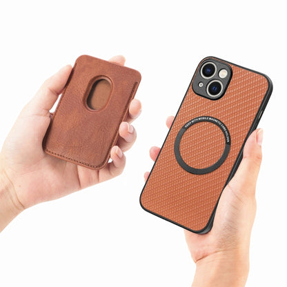 For iPhone 15 Plus Carbon Fiber Leather Card Magsafe Phone Case(Brown) - iPhone 15 Plus Cases by PMC Jewellery | Online Shopping South Africa | PMC Jewellery