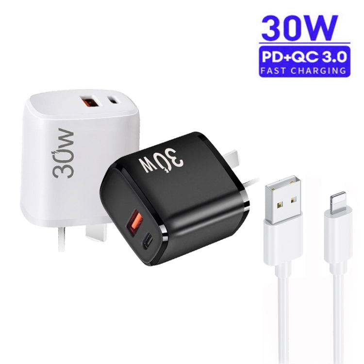 PD30W USB-C / Type-C + QC3.0 USB Charger with 1m USB to 8 Pin Data Cable, AU Plug(White) - USB Charger by PMC Jewellery | Online Shopping South Africa | PMC Jewellery | Buy Now Pay Later Mobicred