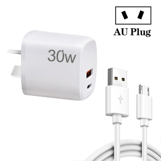 PD30W USB-C / Type-C + QC3.0 USB Charger with 1m USB to Micro USB Data Cable, AU Plug(White) - USB Charger by PMC Jewellery | Online Shopping South Africa | PMC Jewellery | Buy Now Pay Later Mobicred