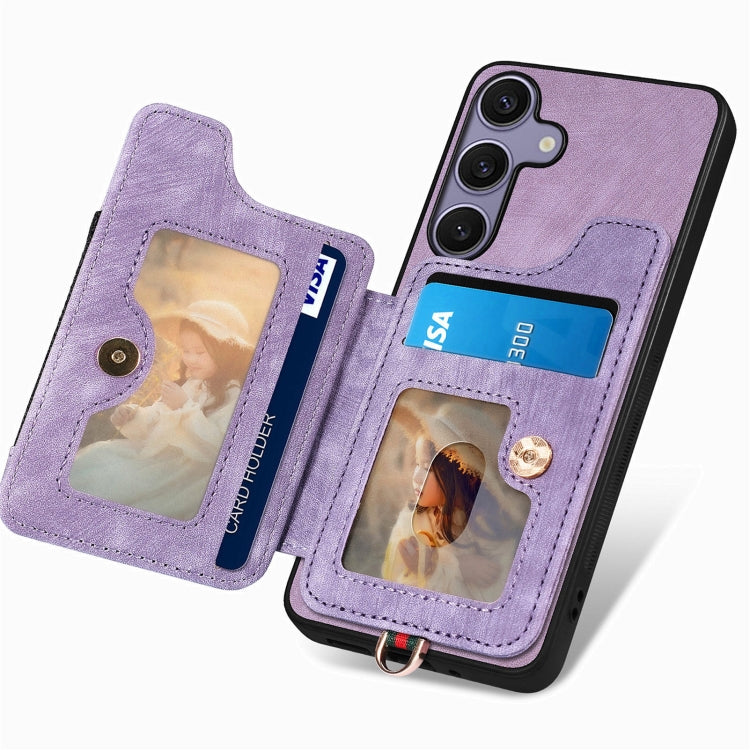 For Samsung Galaxy S25 5G Retro Skin-feel Ring Multi-card Wallet Phone Case(Purple) - Galaxy S25 5G Cases by PMC Jewellery | Online Shopping South Africa | PMC Jewellery | Buy Now Pay Later Mobicred