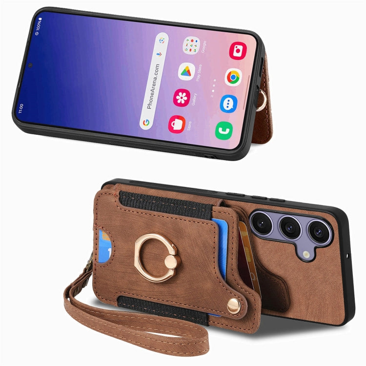 For Samsung Galaxy S25 5G Retro Skin-feel Ring Multi-card Wallet Phone Case(Brown) - Galaxy S25 5G Cases by PMC Jewellery | Online Shopping South Africa | PMC Jewellery | Buy Now Pay Later Mobicred