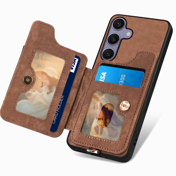 For Samsung Galaxy S25 5G Retro Skin-feel Ring Multi-card Wallet Phone Case(Brown) - Galaxy S25 5G Cases by PMC Jewellery | Online Shopping South Africa | PMC Jewellery | Buy Now Pay Later Mobicred