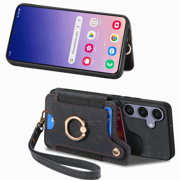 For Samsung Galaxy S25+ 5G Retro Skin-feel Ring Multi-card Wallet Phone Case(Black) - Galaxy S25+ 5G Cases by PMC Jewellery | Online Shopping South Africa | PMC Jewellery | Buy Now Pay Later Mobicred