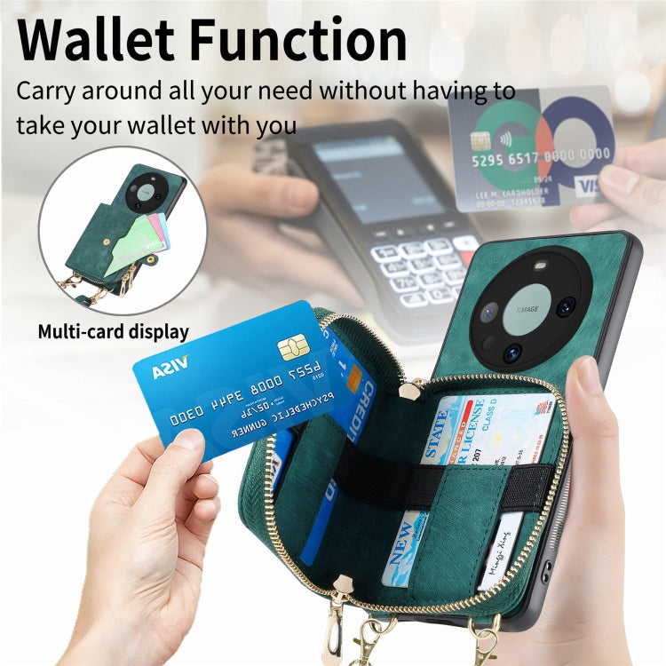 For Huawei Mate 60 Pro Crossbody Multi-function Zipper Wallet Phone Case(Green) - Huawei Cases by PMC TechLife | Online Shopping South Africa | PMC TechLife | Buy Now Pay Later Mobicred