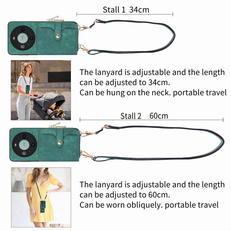 For Huawei Mate 60 Pro Crossbody Multi-function Zipper Wallet Phone Case(Green) - Huawei Cases by PMC TechLife | Online Shopping South Africa | PMC TechLife | Buy Now Pay Later Mobicred