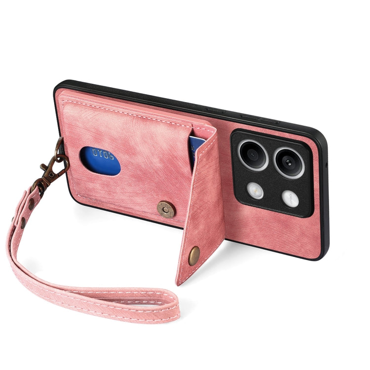 For Xiaomi Redmi Note 13 5G Retro Card Wallet Fold Leather Phone Case with Strap(Pink) - Note 13 Cases by PMC TechLife | Online Shopping South Africa | PMC TechLife | Buy Now Pay Later Mobicred