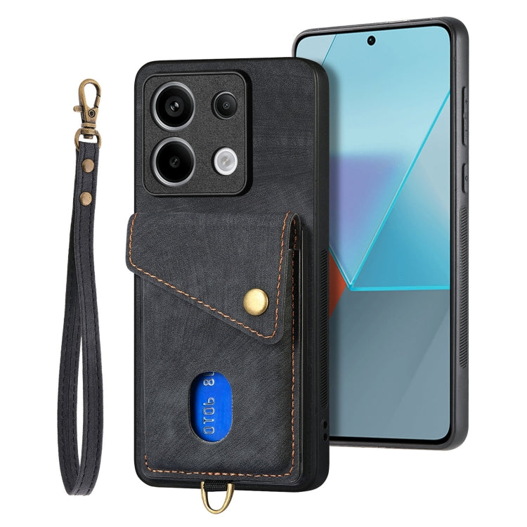 For Xiaomi Redmi Note 13 Pro 5G Retro Card Wallet Fold Leather Phone Case with Strap(Black) - Note 13 Pro Cases by PMC TechLife | Online Shopping South Africa | PMC TechLife | Buy Now Pay Later Mobicred