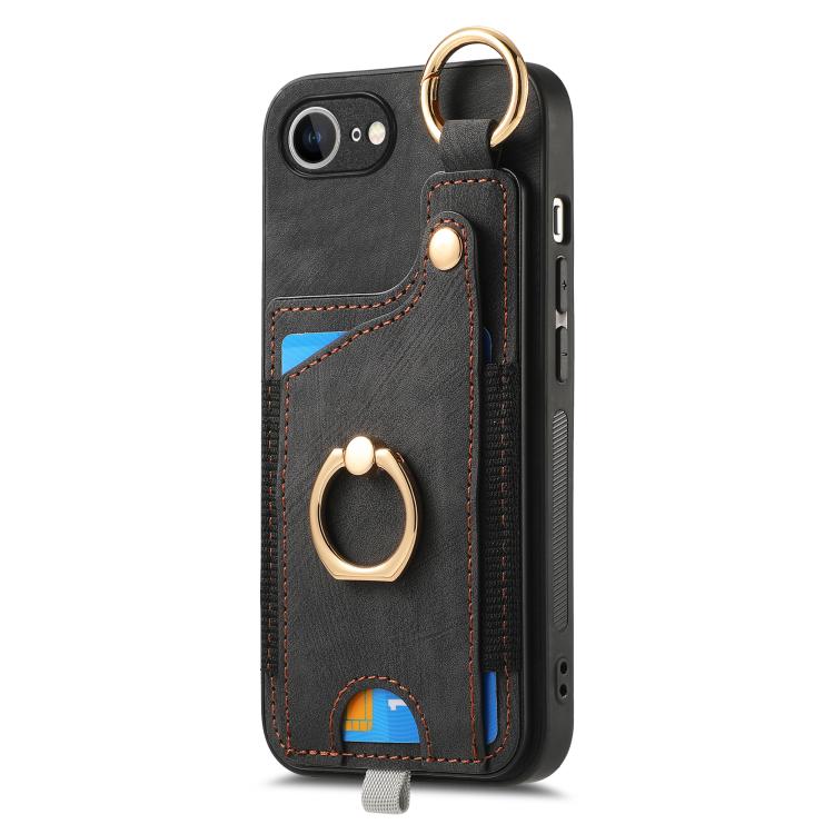 For iPhone 16e Retro Skin-feel Ring Card Bag Phone Case with Hang Loop(Black) - iPhone 16e Cases by PMC TechLife | Online Shopping South Africa | PMC TechLife | Buy Now Pay Later Mobicred
