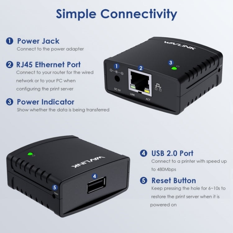 WAVLINK NU72P11 100Mbps Network Print Server USB 2.0 Network Printer Power Adapter(EU Plug) - Printer Accessories by WAVLINK | Online Shopping South Africa | PMC TechLife | Buy Now Pay Later Mobicred