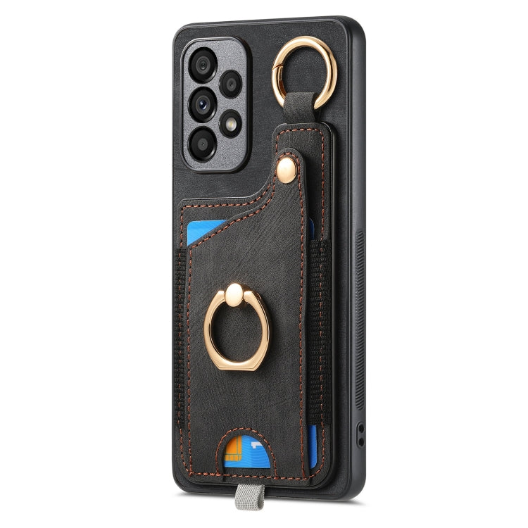 For Samsung Galaxy A25 Retro Skin-feel Ring Card Bag Phone Case with Hang Loop(Black) - Galaxy Phone Cases by PMC Jewellery | Online Shopping South Africa | PMC Jewellery