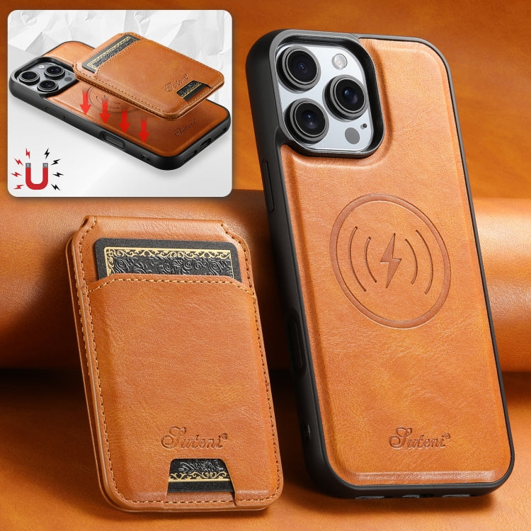 For iPhone 16 Suteni H15 MagSafe Oil Eax Leather Detachable Wallet Back Phone Case(Khaki) - iPhone 16 Cases by Suteni | Online Shopping South Africa | PMC Jewellery | Buy Now Pay Later Mobicred