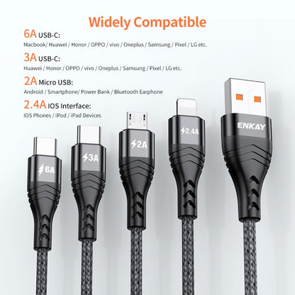 ENKAY 4-in-1 6A USB-A to Type-C / 8 Pin / Micro USB Multifunction Fast Charging Cable, Cable Length:2m(Black) - Multifunction Cable by ENKAY | Online Shopping South Africa | PMC Jewellery | Buy Now Pay Later Mobicred