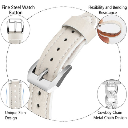 For Apple Watch Ultra 2 49mm Rhinestone Denim Chain Leather Watch Band(Beige) - Watch Bands by PMC Jewellery | Online Shopping South Africa | PMC Jewellery