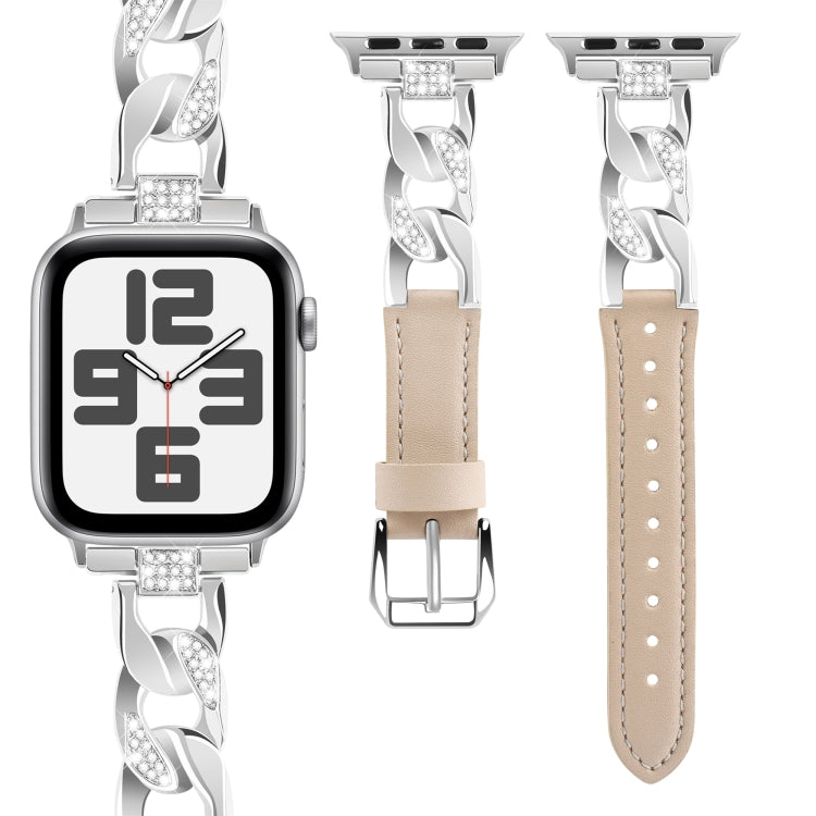 For Apple Watch SE 2022 40mm Rhinestone Denim Chain Leather Watch Band(Apricot) - Watch Bands by PMC Jewellery | Online Shopping South Africa | PMC Jewellery