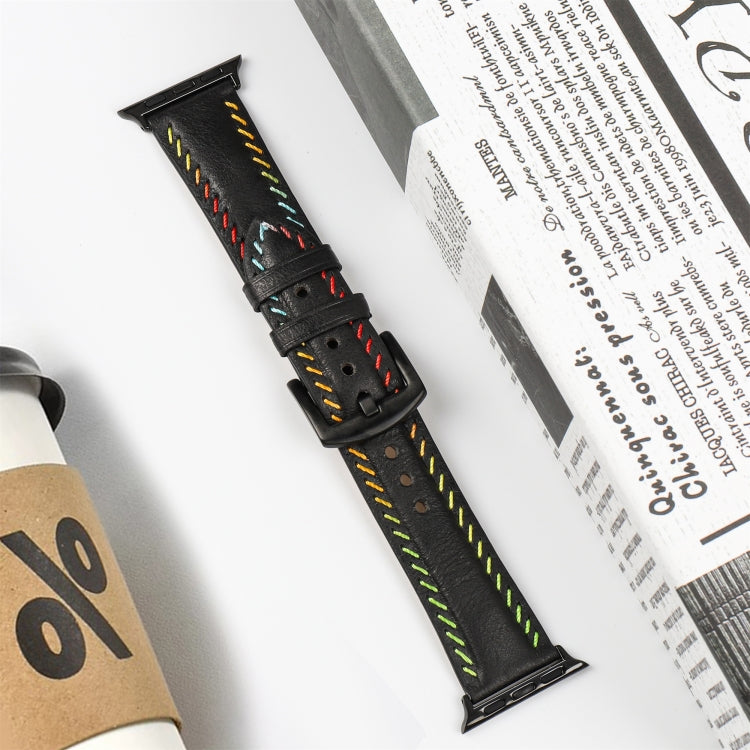 For Apple Watch SE 2023 40mm Colorful Sewing Thread Leather Watch Band(Black) - Watch Bands by PMC TechLife | Online Shopping South Africa | PMC TechLife