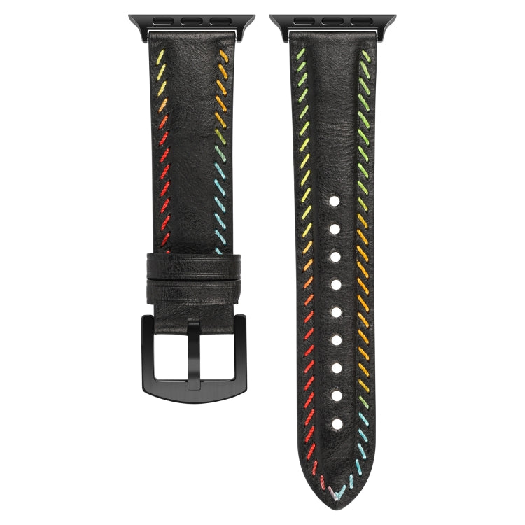 For Apple Watch Series 9 45mm Colorful Sewing Thread Leather Watch Band(Black) - Watch Bands by PMC TechLife | Online Shopping South Africa | PMC TechLife | Buy Now Pay Later Mobicred